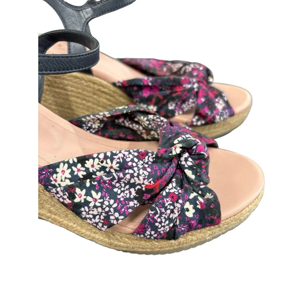 Ted Baker London Taylina Floral Espadrille Wedge‎ Sandal Navy Blue Size 7.5 / 38